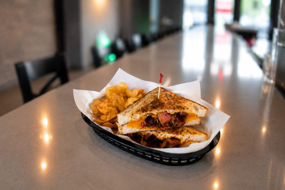 Brisket grilled cheese with kettle chips