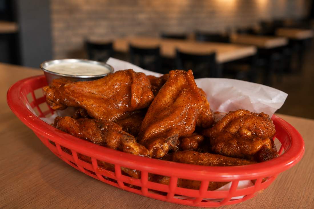 Basket of saucy buffalo wings with ranch